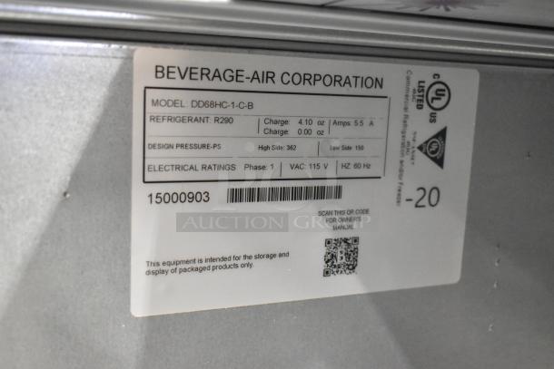Label showing details of Beverage Air DD68HC-1-C-B kegerator, including refrigerant R290 and electrical rating of 115 V, 1 phase.