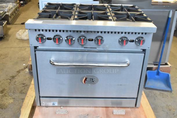 Brand new 2025 Cooking Performance Group 351S36L stainless steel 6-burner range with oven, 36", 210,000 BTU, gas-powered.