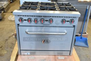 Brand new 2025 Cooking Performance Group 351S36L stainless steel 6-burner range with oven, 36", 210,000 BTU, gas-powered.