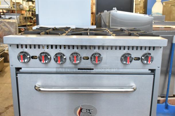 BRAND NEW Cooking Performance Group 351S36L stainless steel 6-burner range, 36", with oven, 210,000 BTU, propane gas. Scratch and dent condition.