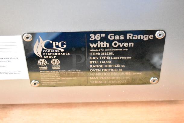 Alt text: Sticker on a Cooking Performance Group 351S36L stainless steel commercial range. It details model, gas type, and BTU.