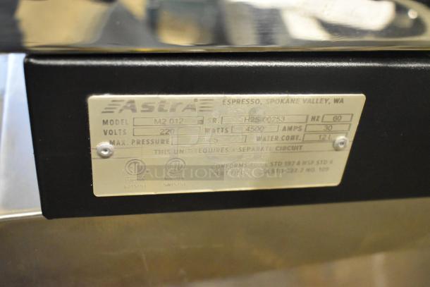 Astra M2 012 stainless steel commercial espresso machine label. Features 220 volts, 4500 watts. Brand new with minor scratches.