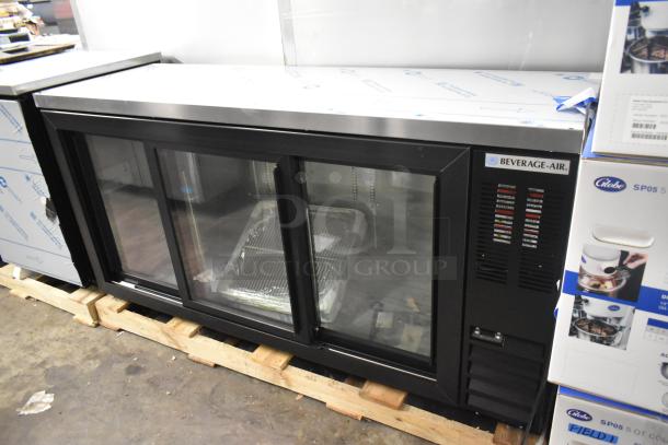 Brand new Beverage Air BB72HC-1-GS-B-27 3-door metal back bar cooler merchandiser, 115V, with glass doors and shelving.