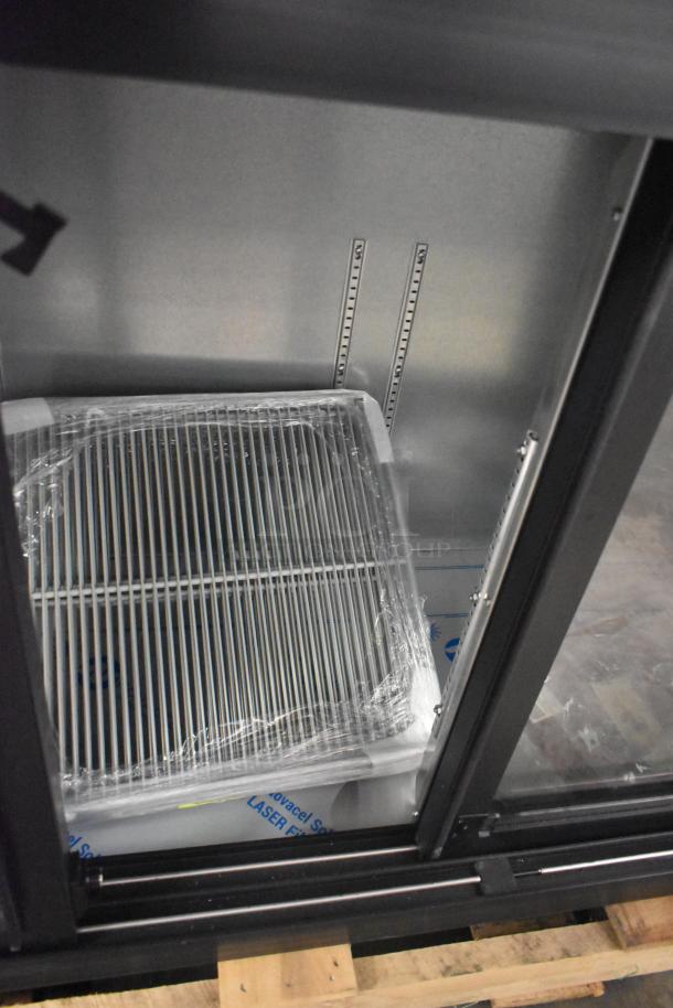 BRAND NEW Beverage Air BB72HC-1-GS-B-27, 3-door back bar cooler, metal, 115V, packaged shelves, minor scratches visible.