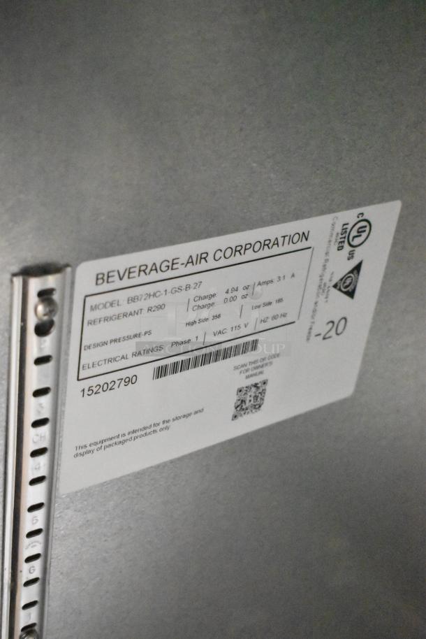Label on Beverage Air BB72HC-1-GS-B-27 commercial cooler. Features details like 115 volts, phase 1, R290 refrigerant.