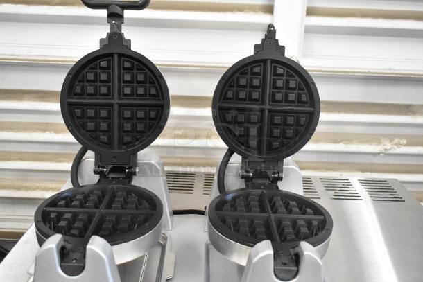 Brand new Waring WW250X2 double Belgian waffle maker, metal, non-stick, 120 volts, 1 phase, scratch and dent condition.