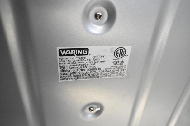 Label on Waring WW250X2 Double Waffle Maker, 120V, commercial use. Includes ETL certification and usage warnings.