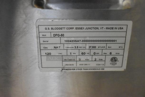 Label on a 2024 Blodgett DFG-50 Stainless Steel Convection Oven, showing model, serial number, gas type, and specifications.