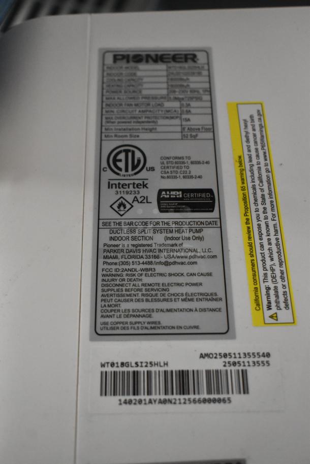 Brand new Pioneer WT018GLSI25HLH air curtain label, 18,000 BTU, 208-230V, 1 Phase. ETL and AHRI certified. Scratch and dent condition.