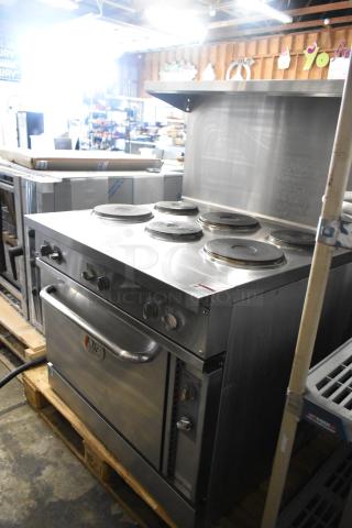 BRAND NEW Cooking Performance Group CPG 36" 6-burner electric range with oven, over shelf, backsplash; 240V, 1 phase.