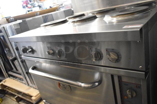 Brand new scratch and dent Cooking Performance Group 36" 6-burner electric range with oven, shelf, backsplash, 240V, 1 phase.