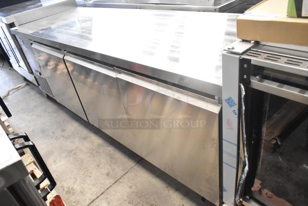 Brand new Avantco 178SSUD3R stainless steel commercial 3-door undercounter cooler, 115V, casters, right door detached.
