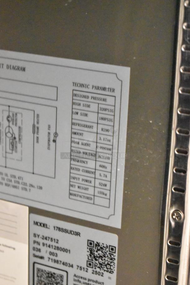 Avantco 178SSUD3R stainless undercounter cooler label, showing technical parameters, model info, and QR code.