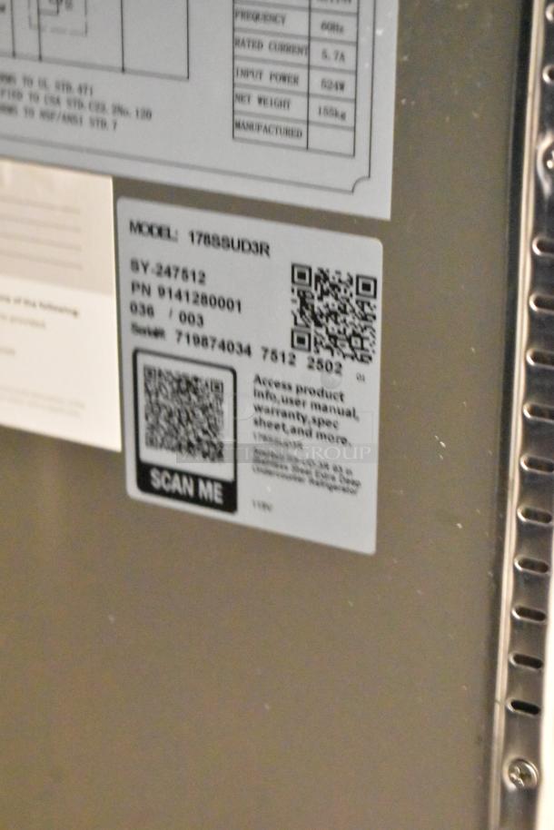 Avantco 178SSUD3R stainless steel commercial 3-door undercounter cooler label showing model and product info. Right door detached.