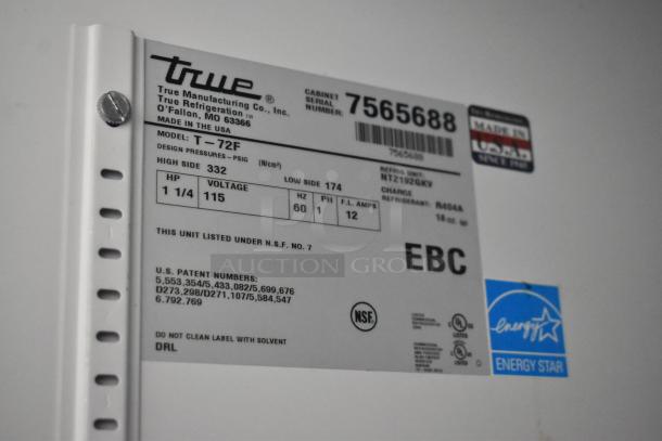 Label on True T-72F stainless steel commercial freezer, detailing model, voltage, and certification. Energy Star rated.