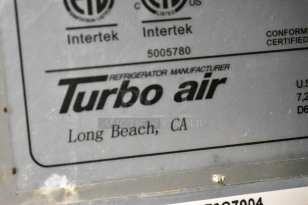 Turbo Air MUF-36-N label, Intertek certified, Long Beach, CA, indicates stainless steel 2-door undercounter freezer.
