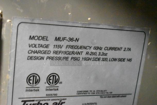 Turbo Air MUF-36-N label showing voltage, frequency, current, refrigerant type, and design pressure specifications.