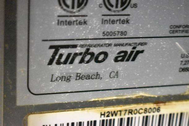 Turbo Air TWR-72SD-N stainless steel cooler label with Intertek certification, Long Beach, CA location, and model markings.