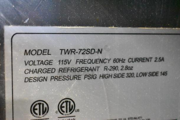Turbo Air TWR-72SD-N work top cooler label; 115V, 60Hz, with R-290 refrigerant, ETL certified, commercial use.