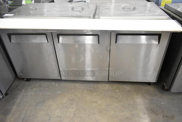 Turbo Air MST-72-30-N stainless steel sandwich salad prep table with commercial casters, 115V, 1 phase, sturdy condition.