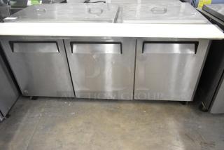 Turbo Air MST-72-30-N stainless steel sandwich salad prep table with commercial casters, 115V, 1 phase, sturdy condition.