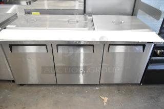 Turbo Air TWR-72SD-N stainless steel commercial sandwich prep table on casters, model MST-72-30-N, 115V, 1 phase.