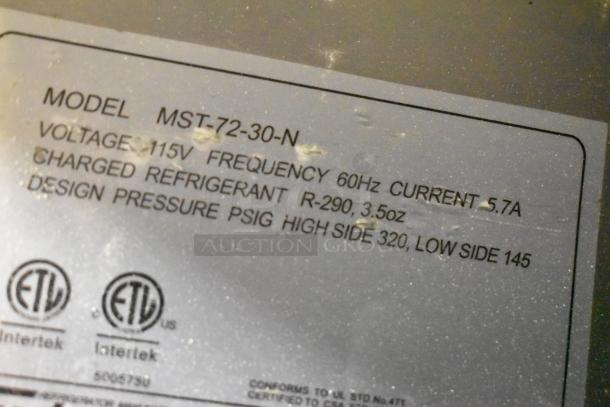 Label of Turbo Air MST-72-30-N prep table, 115V, R-290 refrigerant, ETL certified, showing specs and compliance details.
