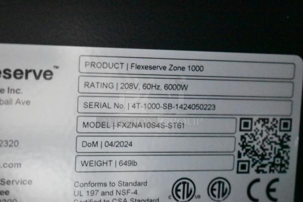 Label of 2024 Flexeserve FXZNA10S4S-ST61 Heated Merchandiser, 208V, Model FXZNA10S4S-ST61, Serial No. 4T-1000-SB-1424050223.