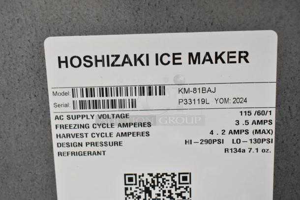 2024 Hoshizaki KM-81BAJ Stainless Steel Ice Maker label, showing model, voltage, and specs. Brand new, scratch and dent.