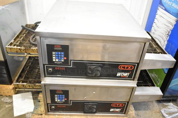 2021 Middleby Marshall CTX DZ33I stainless steel conveyor pizza ovens, electric, on commercial casters, 208V, model visible.