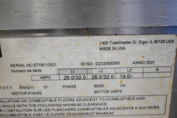 Middleby Marshall CTX DZ33I pizza oven label, 2021 model. Shows serial no. S719110321, ID no. DZ33I500061. Made in USA.