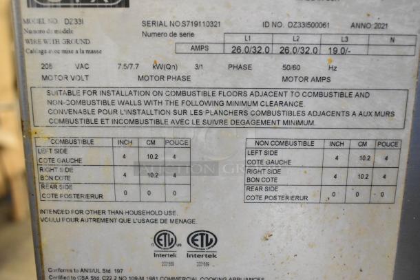 2 Middleby Marshall CTX DZ33I stainless steel electric conveyor pizza ovens, 208V, model details and clearance guidelines shown.