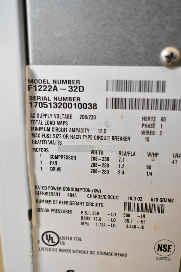 2017 Scotsman F1222A-32D stainless steel commercial ice machine label, showing model, serial number, voltage, and compliance marks.