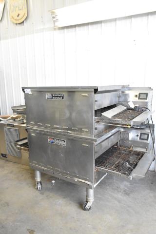 2 2021 Middleby Marshall PS638G Stainless Steel Commercial Natural Gas Powered Conveyor Pizza Ovens on Commercial Casters. 89,000 BTU. 2 Times Your Bid! - Item #1222287