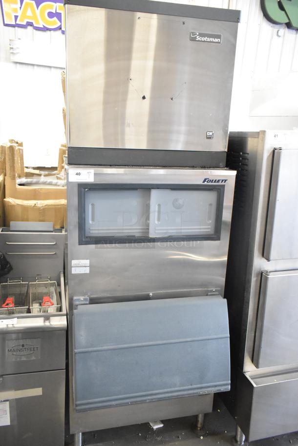 Scotsman CME656AS-32F stainless steel ice machine on Follett bin, 208/230V, 1 phase, excellent condition.