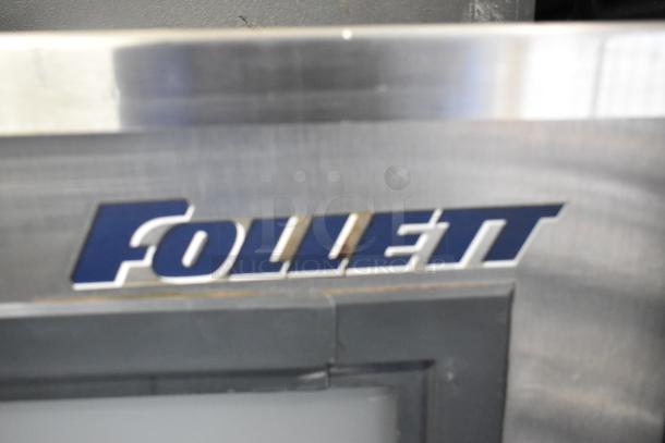 Scotsman CME656AS-32F stainless steel ice machine on Follett bin, 208/230V, 1 phase; Follett logo visible.