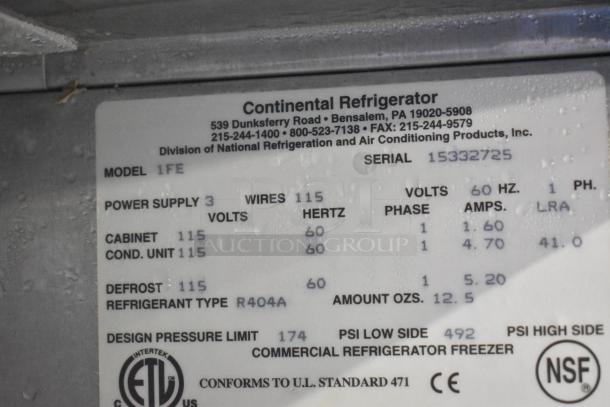 Continental 1FE stainless steel single door reach-in freezer label, 115 volts, 1 phase, commercial use.