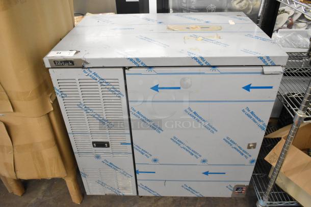 New 2018 Perlick DDS36 stainless steel beer dispenser, holds two 1/4 kegs, visible scratches, 115V, 1 phase, protective wrap.