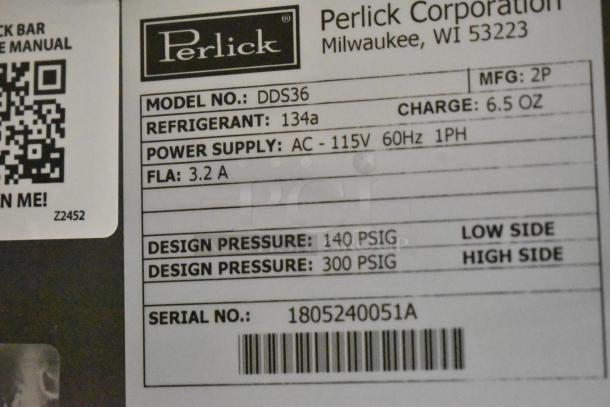 Alt Text: Perlick DDS36 beer dispenser label, stainless steel, 2018 model. Holds (2) 1/4 kegs. 115V, single phase. Refrigerant 134a.