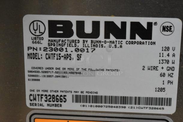 Bunn CWTF15-APS Stainless Steel Coffee Machine label; 120V, 1 Phase; includes model and patent info.