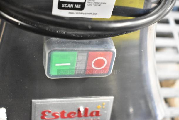 Estella 348CG34 electric hard cheese grater, brand new scratch and dent, with power switch visible. Model label shows 120V, 1 phase.