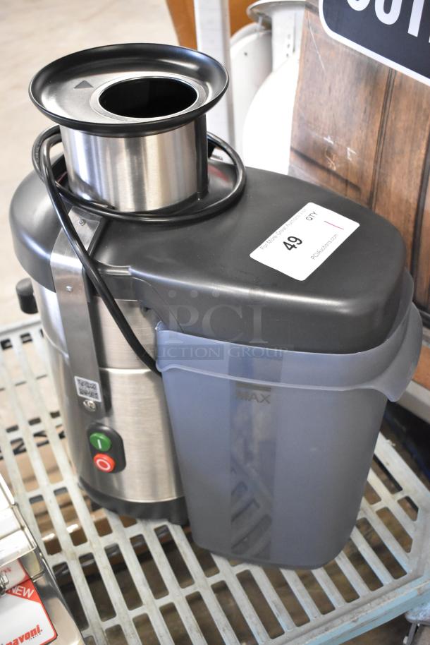 Brand new Robot Coupe J100 stainless steel commercial juicer with continuous pulp ejection. 120 volts, 1 phase. Tags intact.