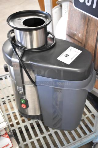 Brand new Robot Coupe J100 stainless steel commercial juicer with continuous pulp ejection. 120 volts, 1 phase. Tags intact.