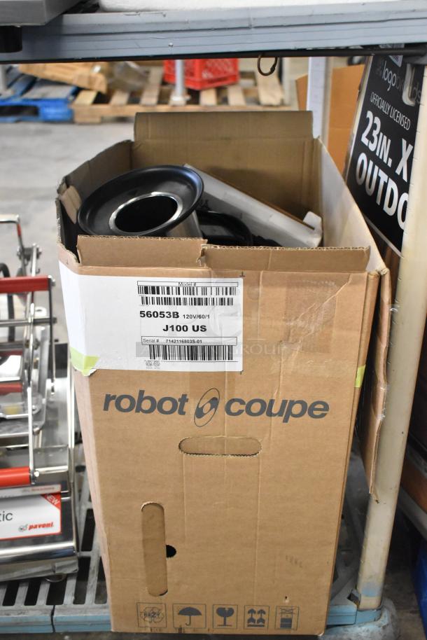 Brand new Robot Coupe J100 juicer in original box. Stainless steel, scratch and dent. Continuous pulp ejection, 120V, 1 Phase.