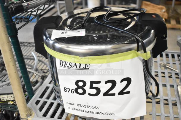 Brand new RiceMaster Town 56916S 72-cup commercial rice warmer, stainless steel, with electrical cord. Item tag visible.