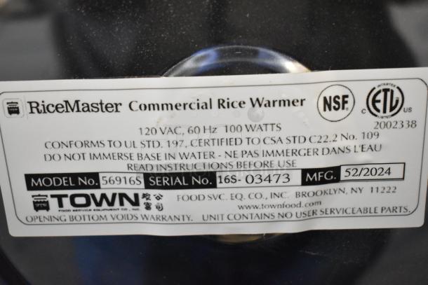 BRAND NEW RiceMaster 56916S 72 Cup Commercial Rice Warmer, stainless steel, 120V, 1 phase. Tags show model 56916S; MFG 52/2024.