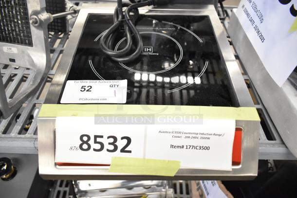 Brand new Avantco 177IC3500 induction cooker. Stainless steel, 208-240V, 1 phase. Scratch and dent. Model details visible.