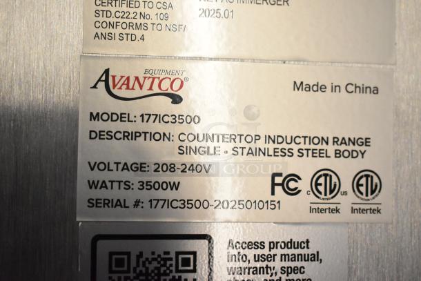 Avantco 177IC3500 stainless steel countertop induction range label; 208-240V, 3500W, single phase, model number visible.