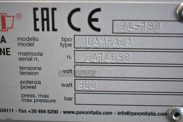 Stainless steel label showing Pavoni Lampada model, serial number 2414080, 230 volts, and 800 watts.