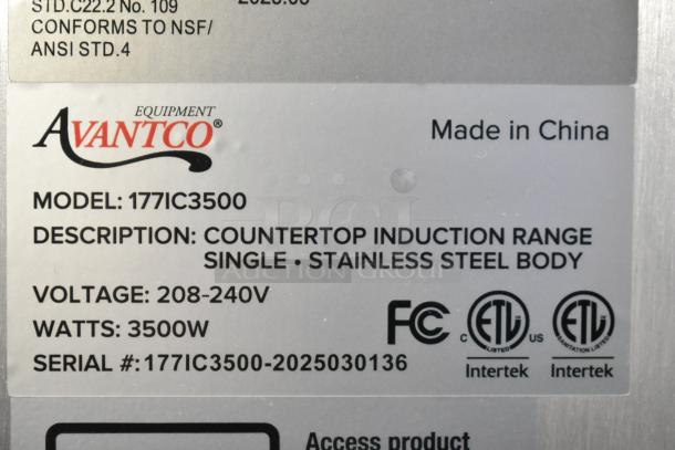 BRAND NEW Avantco 177IC3500 Stainless Steel Countertop Induction Range. 208-240V, 3500W, scratch and dent condition.